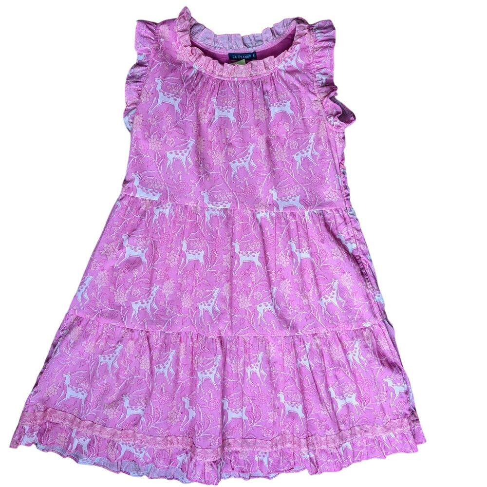 LA PLAGE Cotton Summer Dress Size Small Whimsy Print Ruffles Resortwear Flowy
